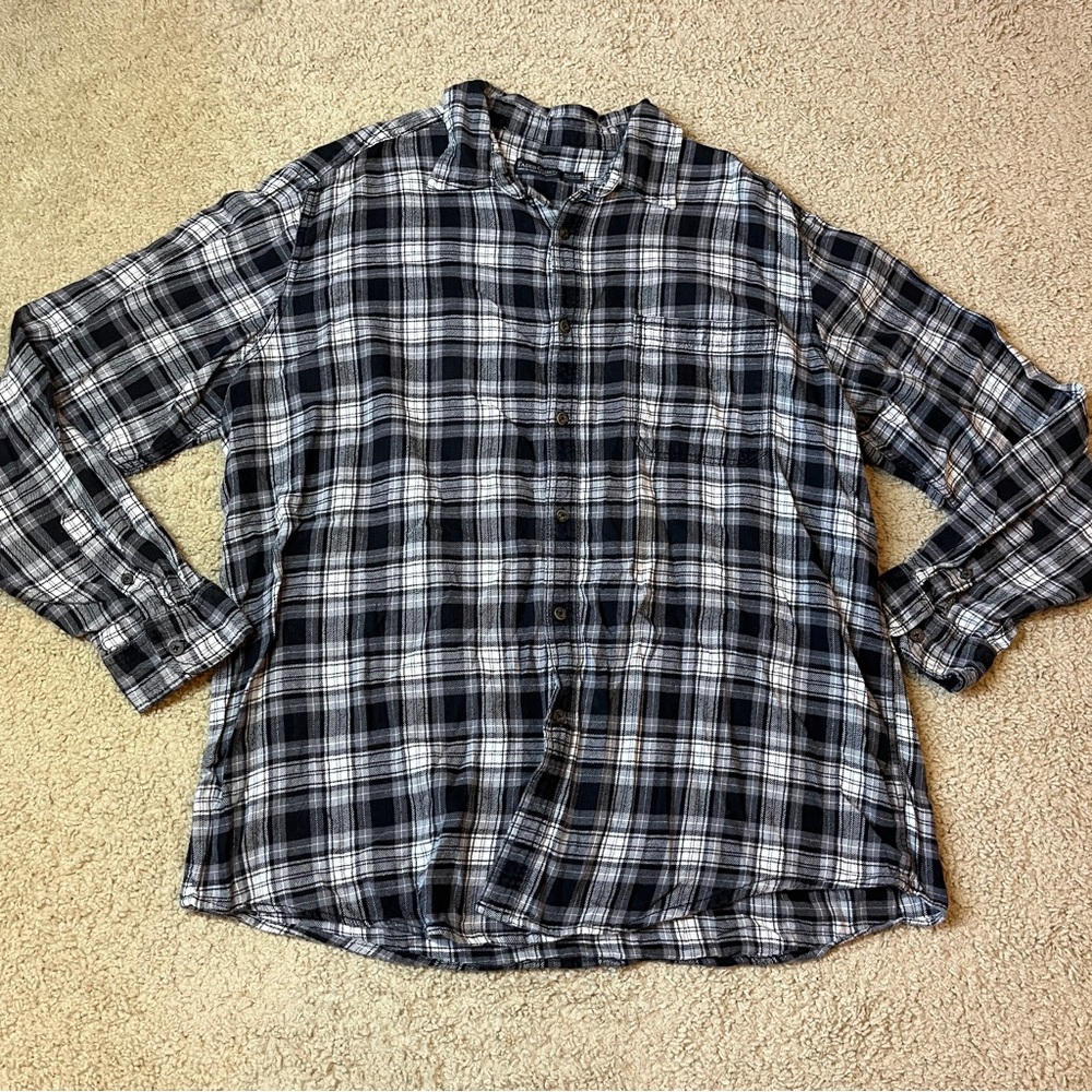 Faded Glory Men's XL (46-48) Flannel Cotton Button-Up Shirt Black White & Grey